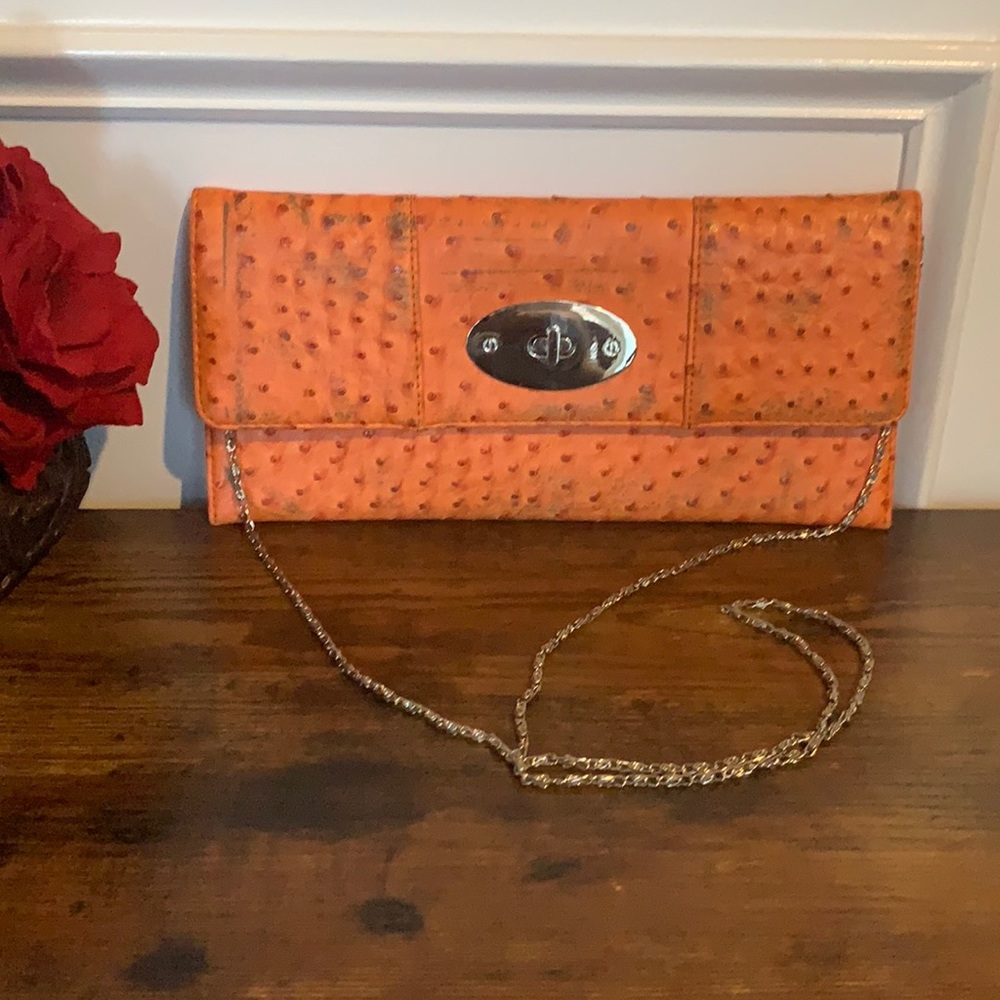 Alba Ostrich Print Orange Clutch w/ Silver Link Strap Shoulder Bag